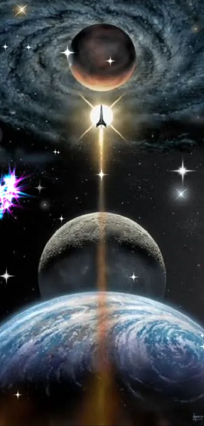 Spaceship launching through cosmos with planets and stars.