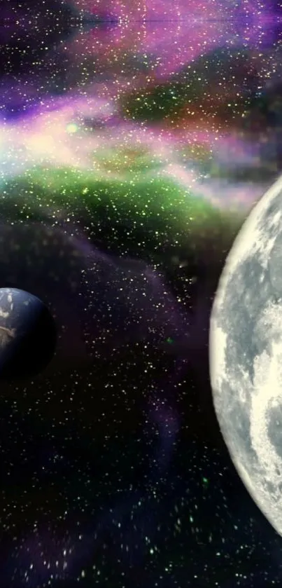 Mobile wallpaper with planets and galaxies in a cosmic scene.