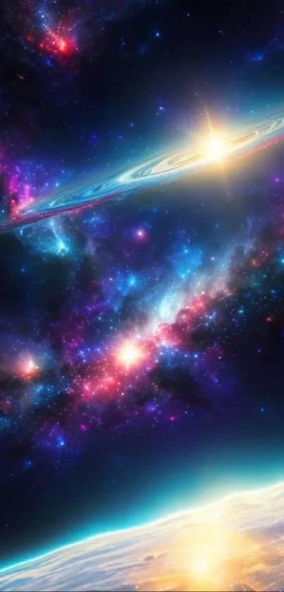 Galactic wallpaper with stars, planets, and colorful cosmic clouds.