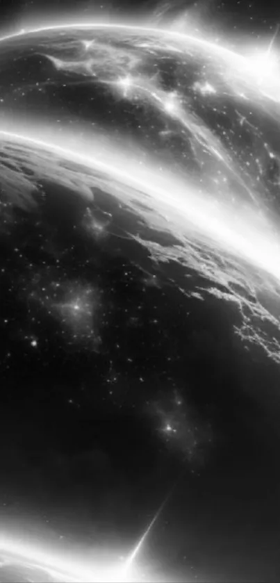 Black and white space scene with planets and stars.