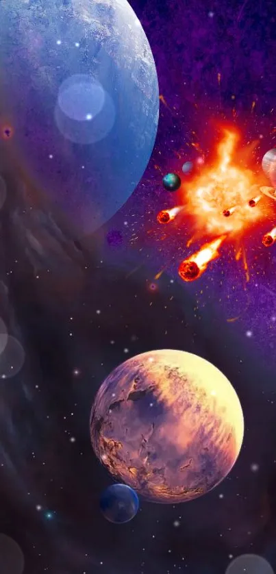 Colorful space wallpaper with planets and an explosive cosmic scene.