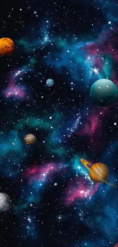 Vibrant galaxy mobile wallpaper with planets and stars.