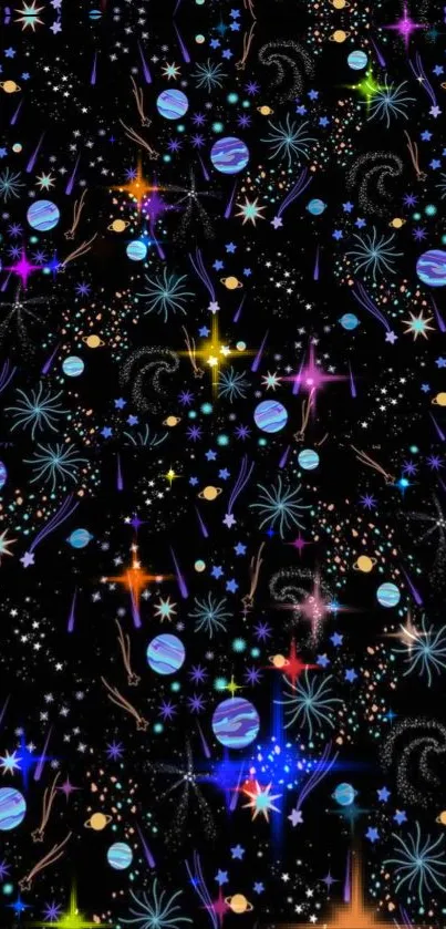 Colorful galaxy pattern with stars and planets on black background.