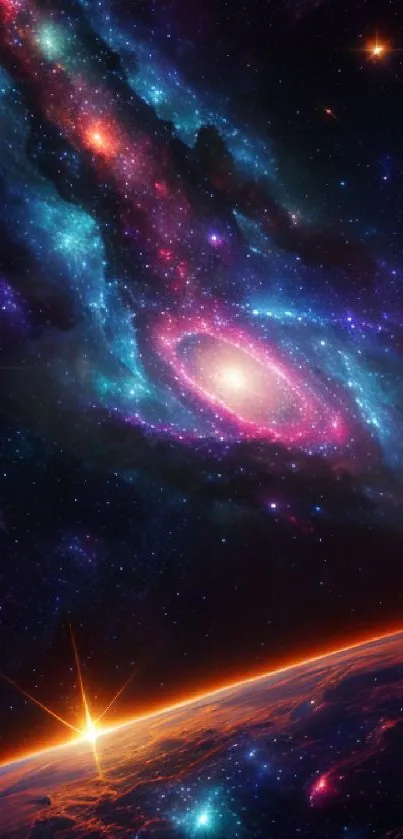 Vibrant galactic space wallpaper with cosmic and starry elements.