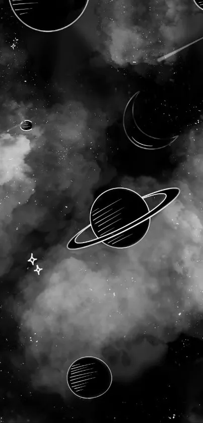 Abstract space wallpaper with planets and stars in black and white theme.