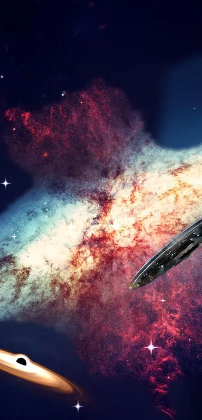 Galaxy-themed wallpaper with spaceship and nebula illustration in dark tones.