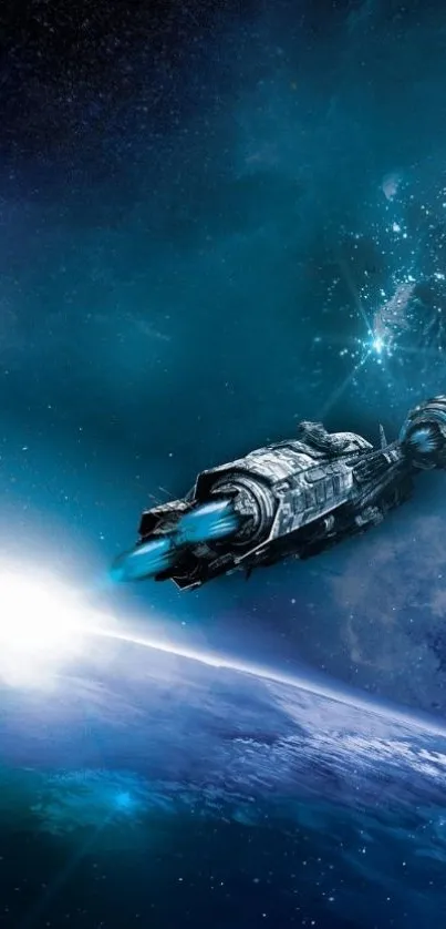 Futuristic spaceship flying through space with blue galaxy backdrop.