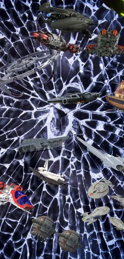 Futuristic cosmic web with galactic spaceships in dark space.