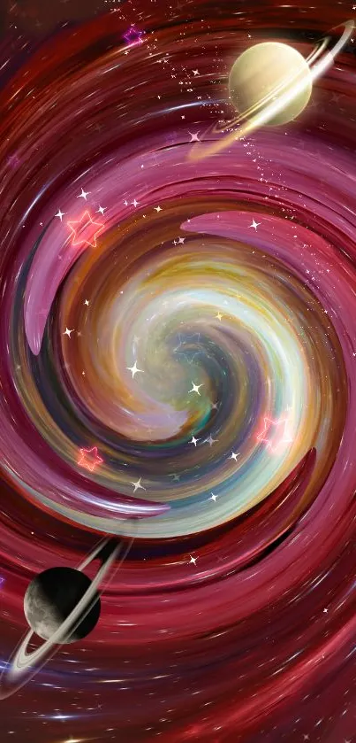 Abstract galactic spiral art with red and pink hues.