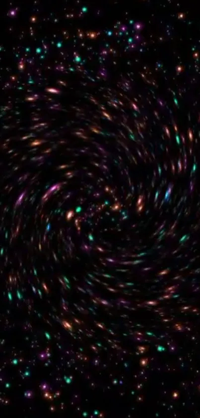 Vibrant cosmic swirl wallpaper with colorful stars on a black background.