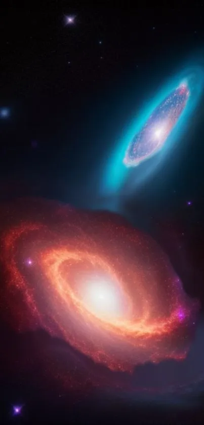 Vibrant spiral galaxies set against a dark cosmic background on mobile wallpaper.