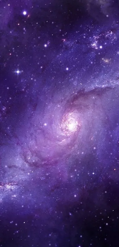 Purple galactic spiral with stars in deep space background.