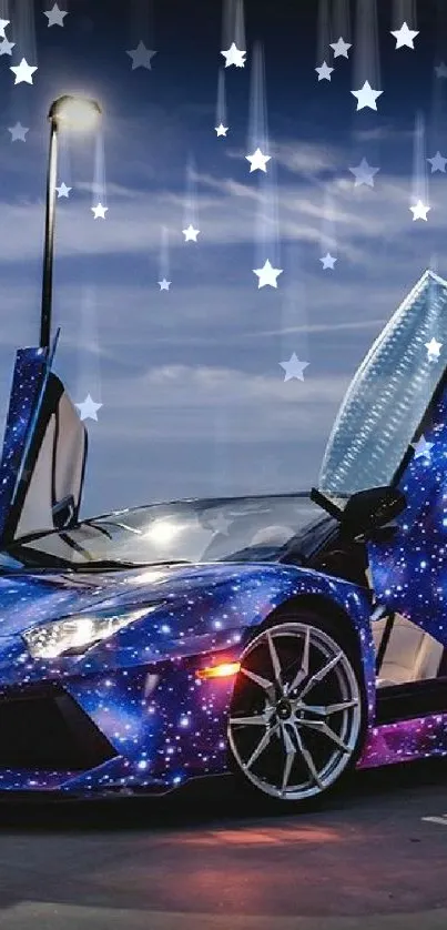 Galaxy-themed sports car with vibrant cosmic colors under a night sky.