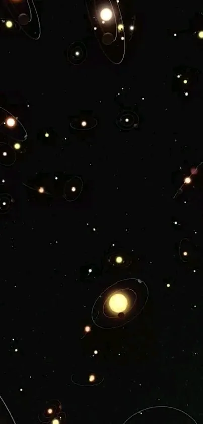 Galactic wallpaper with stars and planets in a dark cosmic setting.