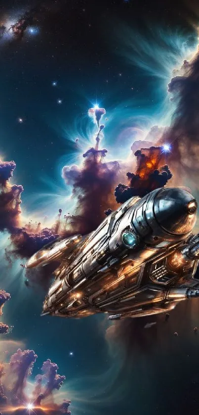 Futuristic starship navigating cosmic clouds in deep space.