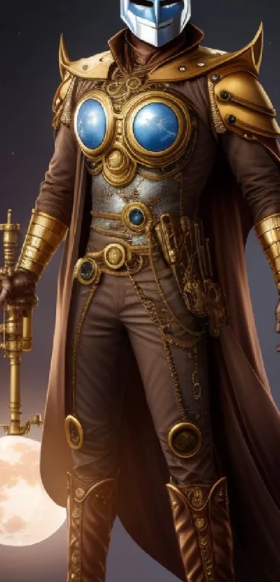 Steampunk warrior in golden armor holding a lantern with a cosmic background.