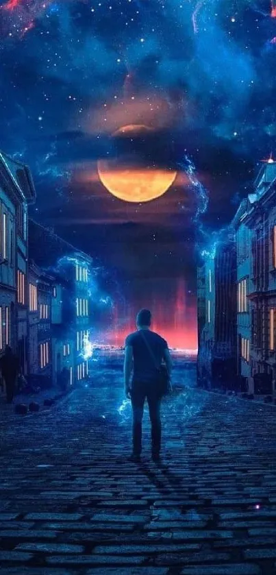 Fantasy wallpaper of a cosmic street scene at night.