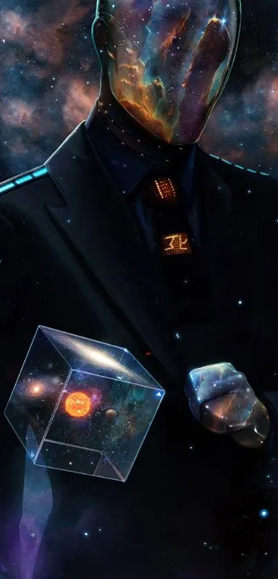 Galaxy-headed figure in a suit holding a cosmic cube in dark space.