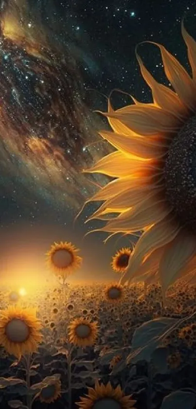 Sunflowers under a starry galaxy night sky wallpaper.