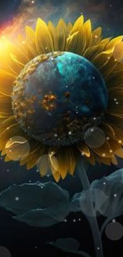 Galactic sunflower with cosmic colors set against dark galaxy backdrop.