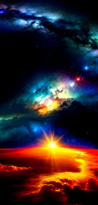 Galactic sunrise with vibrant colors and celestial horizon for mobile wallpaper.