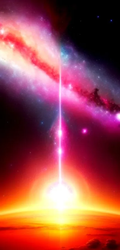 Galactic sunrise with vibrant cosmic colors and radiant sunlight in space-themed wallpaper.