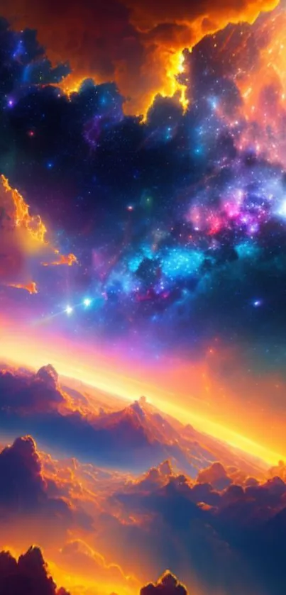 Vibrant fantasy wallpaper with galactic sunset and cosmic stars.