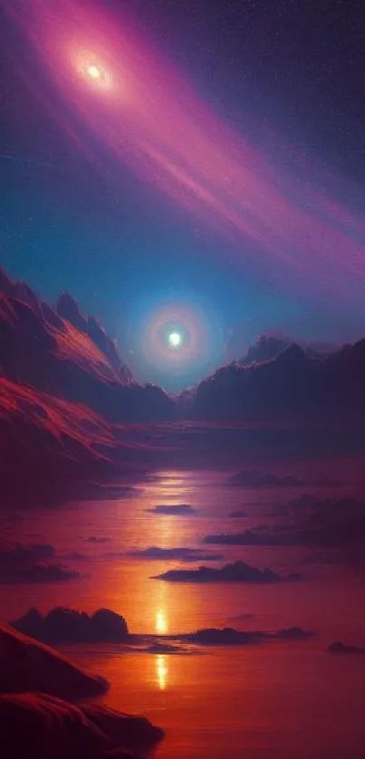 Galactic sunset wallpaper with planets over a crimson landscape.