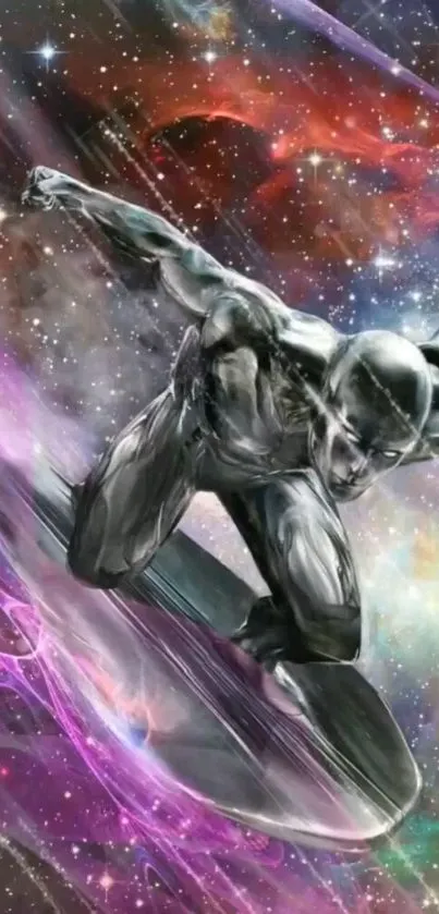 Silver surfer glides through cosmic space in vibrant purple hues.