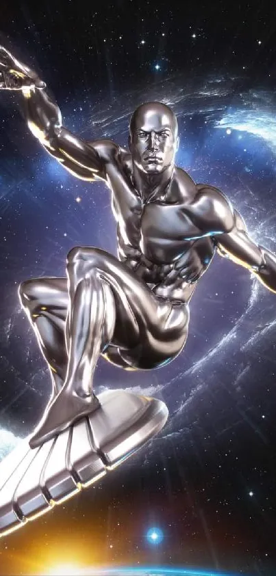 Silver surfer riding through a cosmic galaxy in space with a dynamic background.