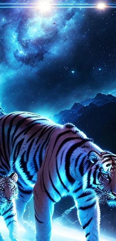 Cosmic scene of a glowing tiger and cub under a galactic sky.