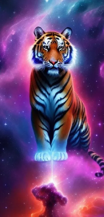 Tiger amid vibrant galactic background with cosmic hues.