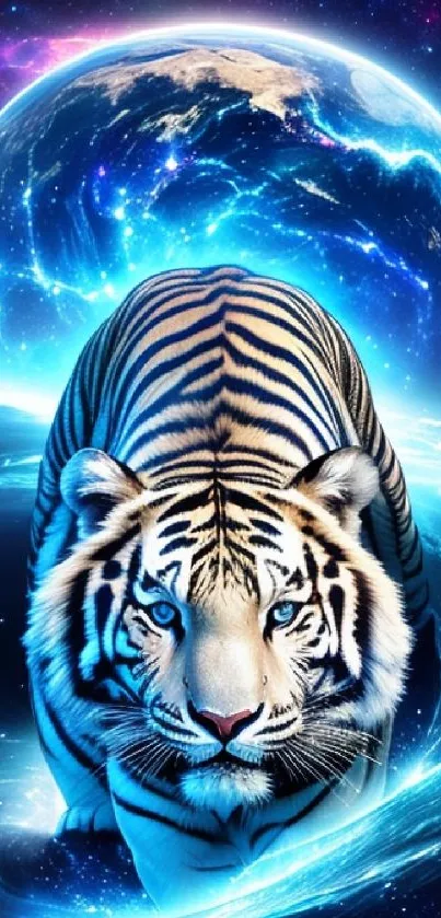 Galactic tiger against a vibrant blue galaxy backdrop on mobile wallpaper.