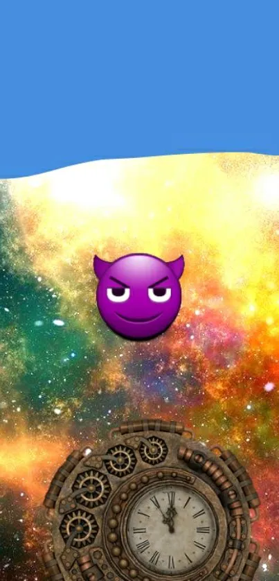 Vivid galaxy with clock and emoji mobile wallpaper.