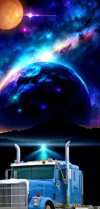 Truck under a colorful galactic sky with vibrant cosmic elements.