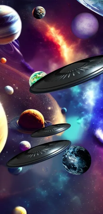 A vibrant galaxy wallpaper with UFOs and colorful planets.