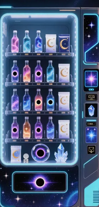 A futuristic vending machine glowing in a cosmic setting.