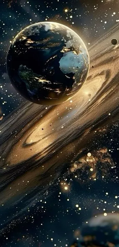 Mobile wallpaper with galaxy and glowing planets in cosmic space.