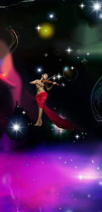 Surreal wallpaper with a violinist in a colorful cosmic scene filled with stars.