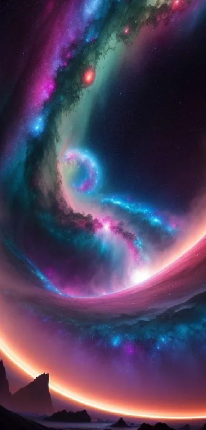 Cosmic swirl wallpaper with vibrant colors forming a galactic vortex at night.