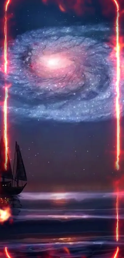 Mystical galaxy above an ocean with a sailing ship and glowing lines.