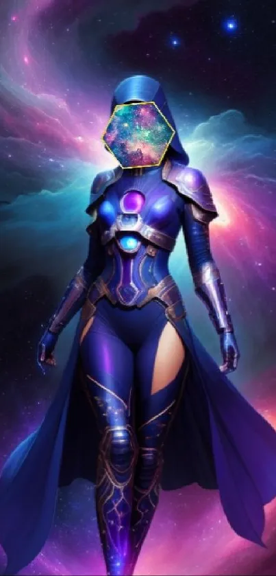 A cosmic warrior stands amid a vibrant nebula, wearing a futuristic suit.