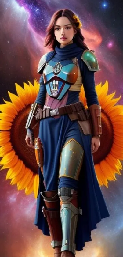 Galactic warrior with sunflower backdrop in vibrant cosmic scene.