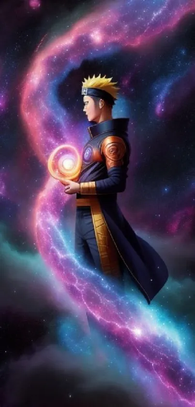 Galactic warrior in space with glowing orb holding galaxy.