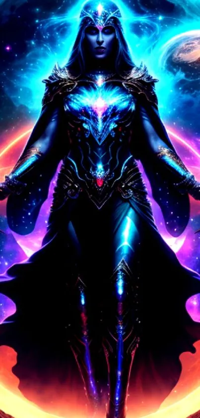 Vibrant cosmic warrior in fantasy art style for mobile wallpaper.