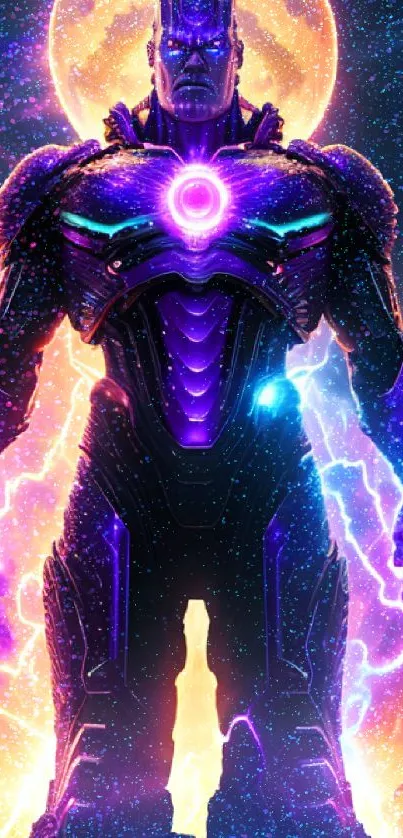 Sci-fi wallpaper of a galactic warrior with neon armor under a cosmic sky.