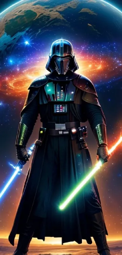 Galactic warrior with dual lightsabers in a cosmic setting.