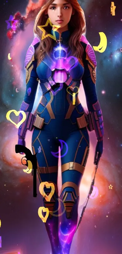 Galactic warrior in a vibrant, cosmic setting with colorful symbols.