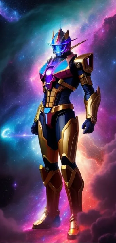 Futuristic warrior in a vibrant cosmic setting with celestial elements.