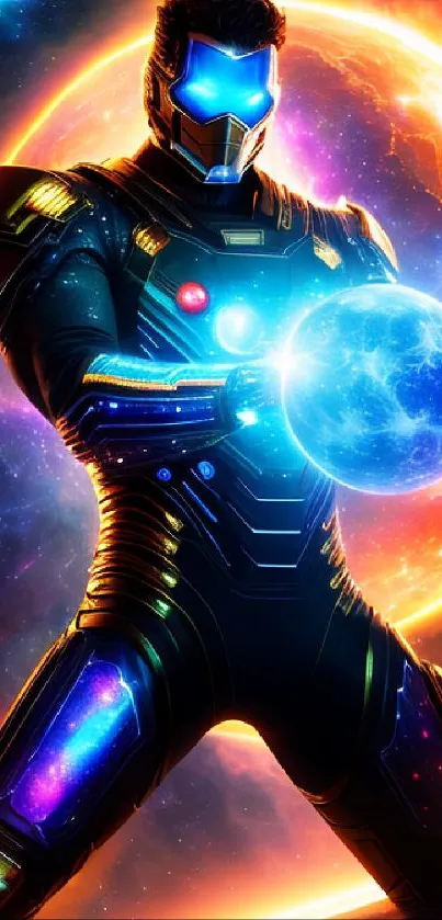 Galactic warrior in neon armor with bright orange cosmic background.